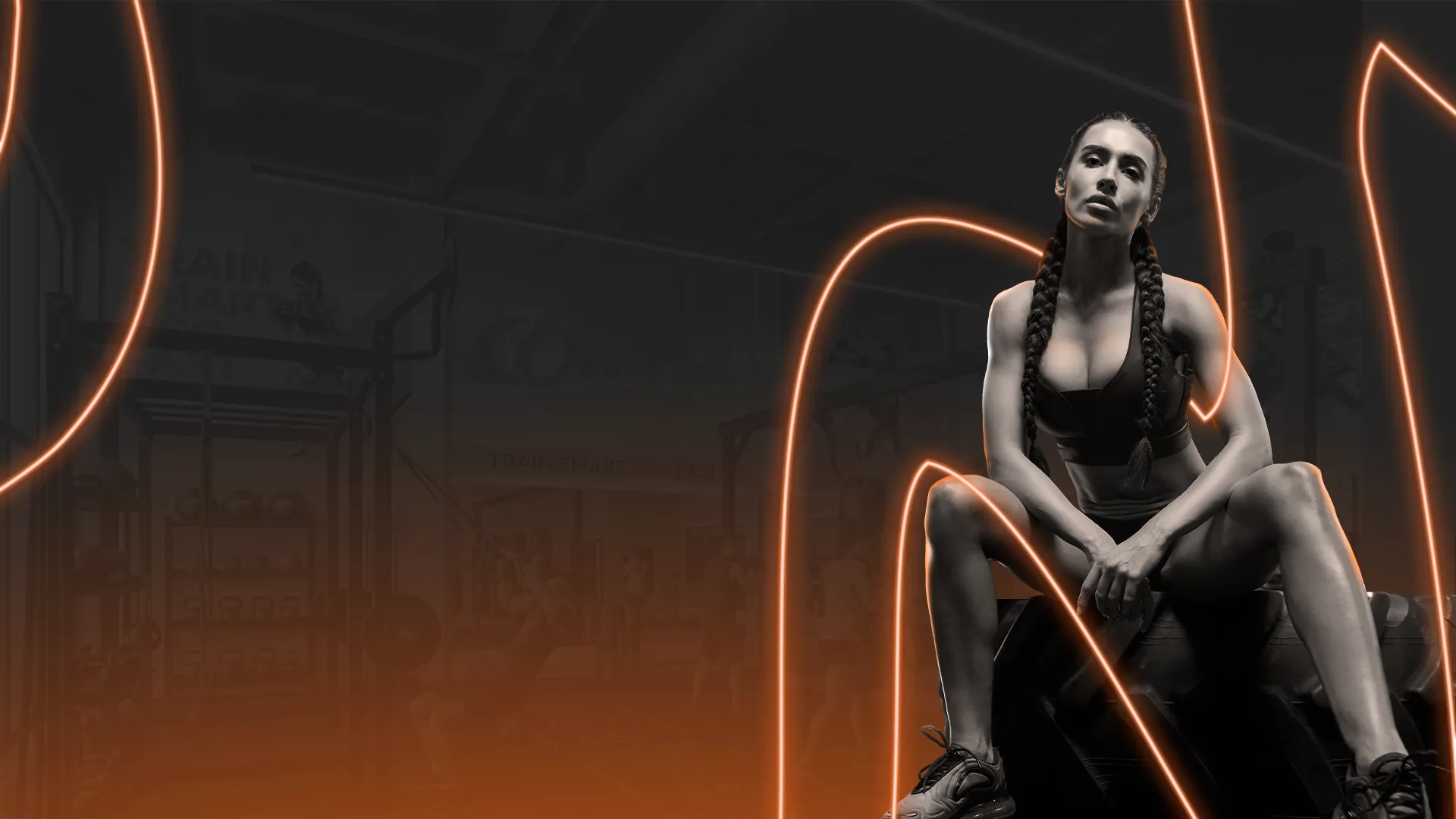 Atleta sentada em uma sala de treino da Omega